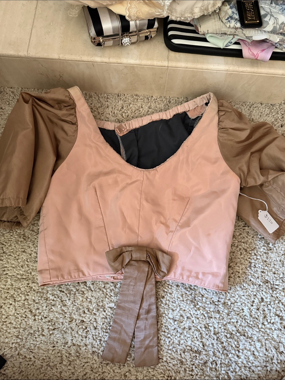 Womens Pink & Brown Puff Sleeve Tie-Back Top